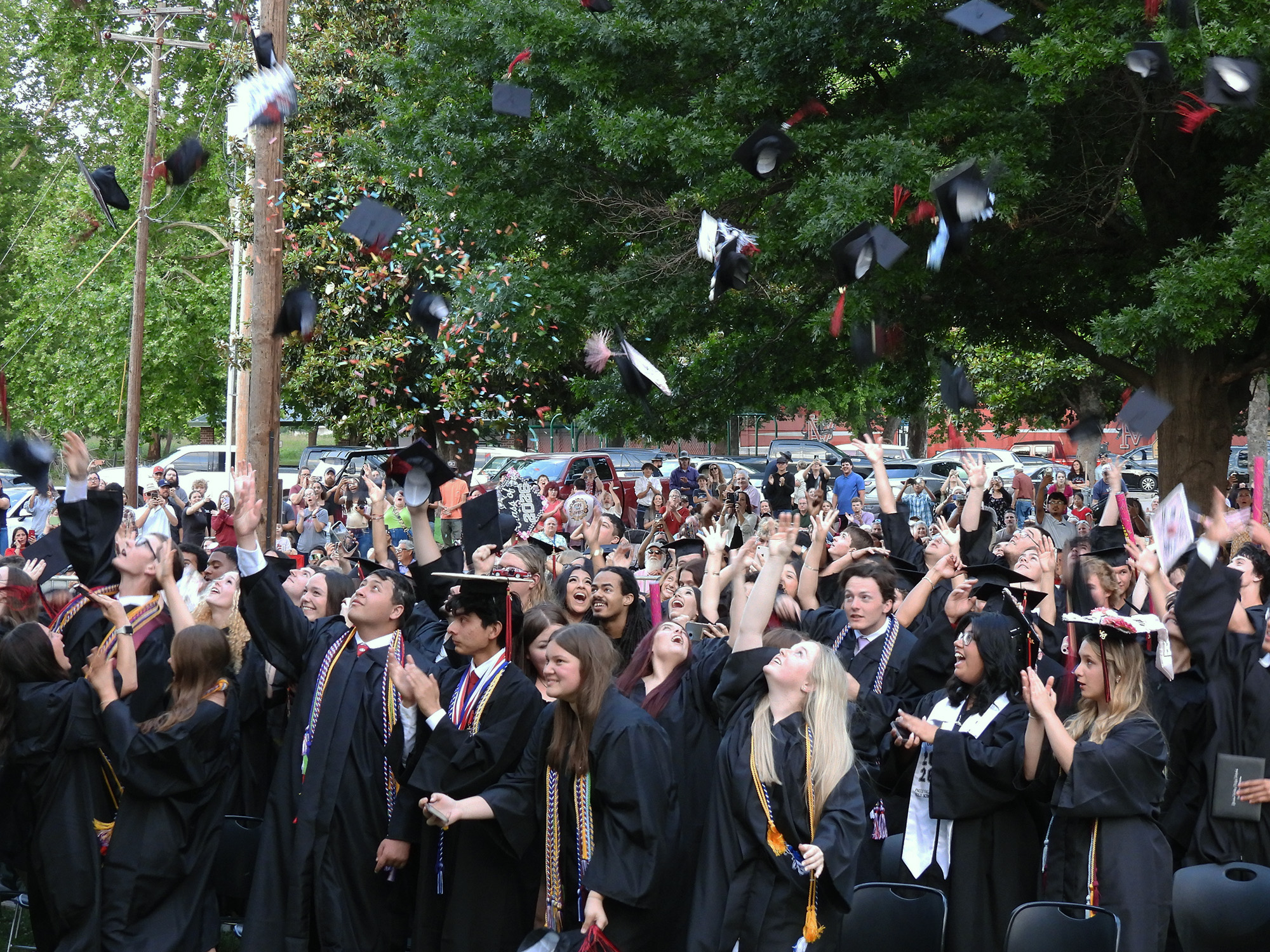 Pauls Valley's Class of 2026 celebrate their new status as high school graduates at the conclusion of Friday's commencement exercises. News Star photo by Chris Mackey