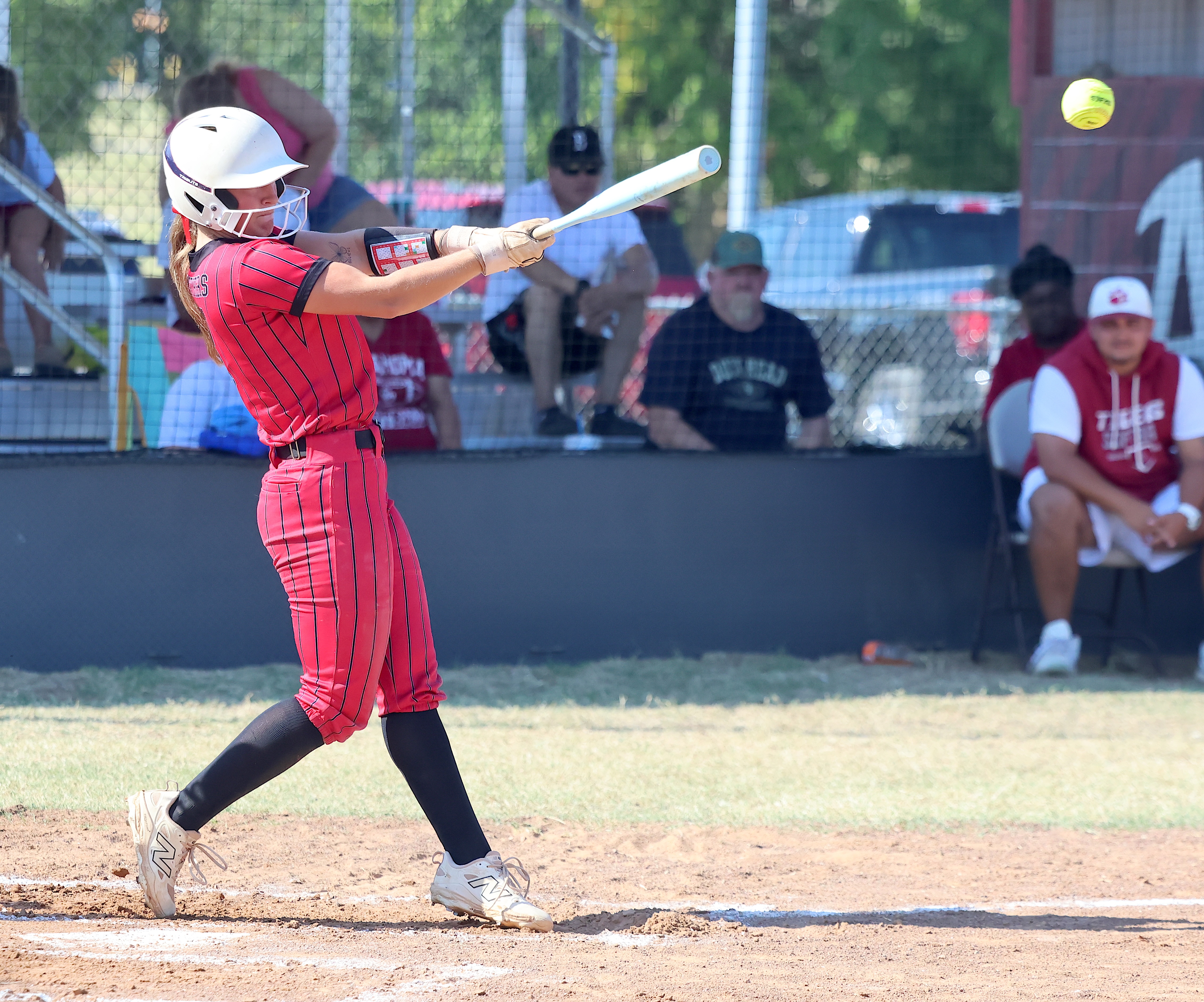 Pauls Valley senior Mallory Carter delivers a hit during recent Lady Panther action at Ardmore last weekend.  Carter went 6-for-8 with a pair of home runs, a pair of doubles, and 8 RBI in a pair of wins at Anadarko Monday. Photo by Mike Arie