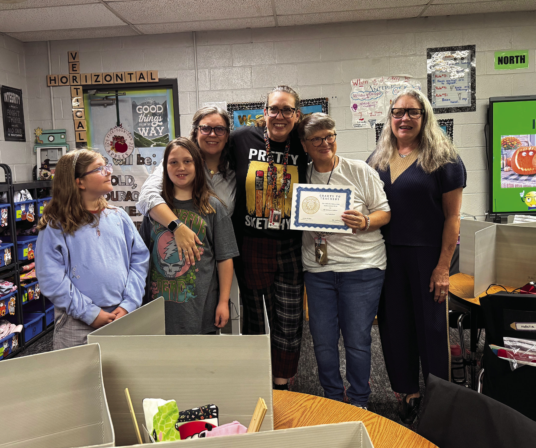 Whitebead teacher Rebecca Miller receives the Pauls Valley Foundation for Academic Excellence's Colley Family Grant Oct. 14, awarded to the third highest scoring grant application. Pictured left to right are Alice Babcock, Helen Newton, Anna Colley Newton, Erin Colley Babcock, Miller, and Ruth Anne Colley. Courtesy photo