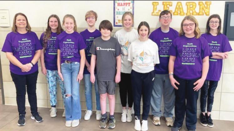 MATHCOUNTS members, left to right, include Coach Ann Harrel, seventh-grader Emma Reames, sixth-grader Sofie Ille, seventh-grader Corrie Schilling, seventh-grader James Speerbrecher, eighth-grader Karli Meadows, eighth-grader Jyntree Patterson, seventh-grader Sylas Harrell, seventh-grader Harli Johnson and sixth-grader Zanna Loriss. Not pictured are seventh-grader Tyler Casey and sixth-grader Jesse Richey. Photo courtesy of Jennifer Earp, M. Ed.