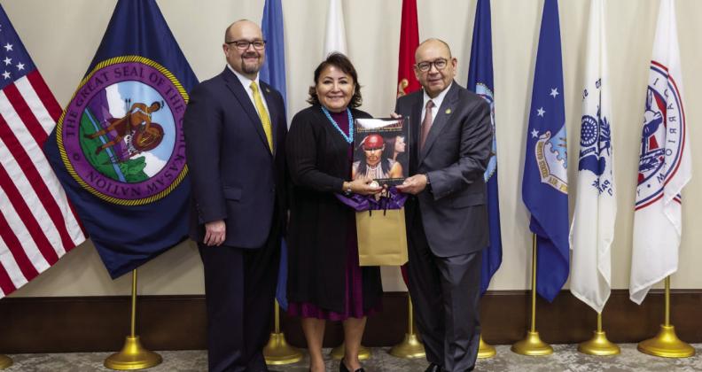 Chickasaw Nation Lt. Governor Chris Anoatubby (left) and Governor Bill Anoatubby (right) welcome Indian Health Service Director Roselyn Tso during her recent visit to Ada.