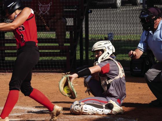 Pauls Valley‘s Paisely Tibbs catches a strike in the Lady Panthers win over Western Heights in the Mia Tapia Memorial Tournament. News Star photo by Chris Mackey