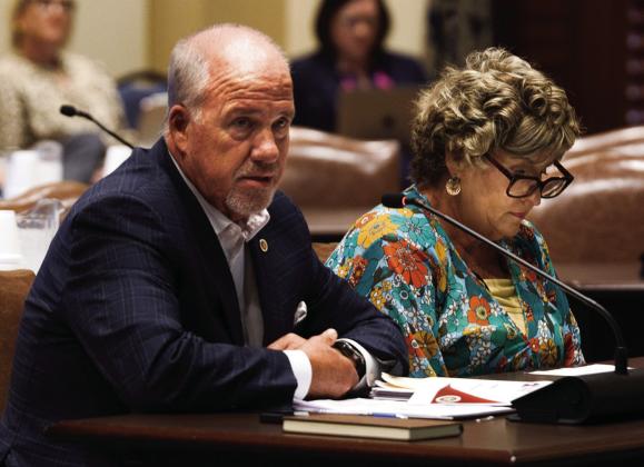 Insurance Commissioner Glen Mulready discusses homeowner rates during a state Senate interim study on Oct. 7, 2025. (Ted Streuli/Oklahoma Watch)