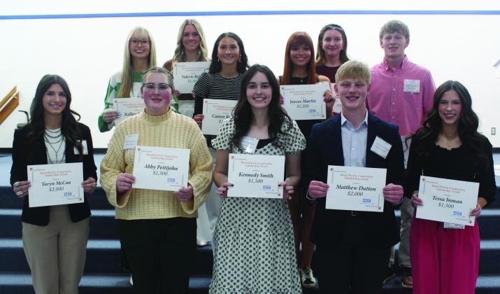 REC's 2025 scholarship winners. Front row (left to right): Taryn McCaa from Elmore City-Pernell; Abby Pettijohn from Alex; Kennedy Smith from Lindsay; Matthew Dutton from Lindsay and Tessa Inman from Lindsay. Back row: Kalley Anthis from Dibble; Valerie Riddle from Elmore City-Pernell; Cannon Russell from Lindsay; Jaycee Martin from Lindsay; Lacey Quinn from Lindsay and Tanner Perry from Pauls Valley.
