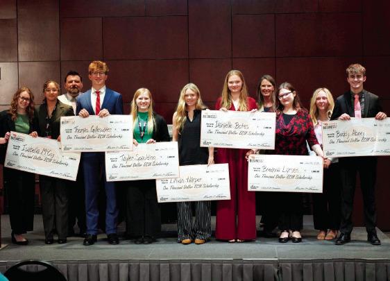 2026 Oklahoma Business Week Champion Team, from left to right, Lydia Gee (College Leader), Isabella McCoy, Michael Scott (Dean), Thomas Gillenwater, Tayler Spaulding, Lillian Harper, Danielle Botes, Stacey Bolin (Camp Director), Breanna Larsen, Taya Underwood (Company Advisor), Buddy Abney. Photo courtesy ECU