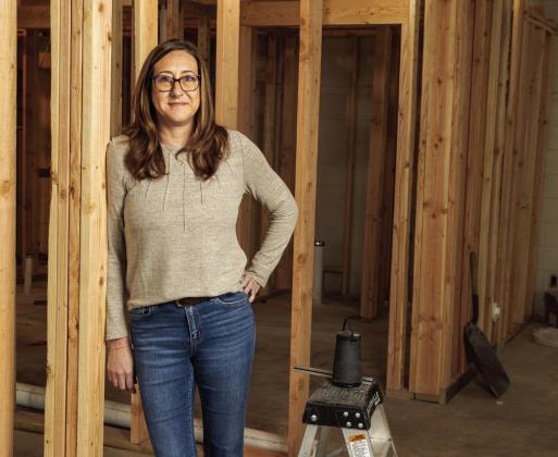 Sarah Frye, director of Ada Homeless Services, poses inside the agency's soon-to-be-completed day center. (Brent Fuchs/Oklahoma Watch)