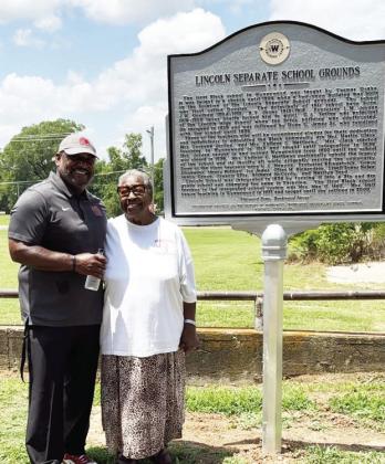 Marques Thomas (left) and Mae Hall (right) attended the dedication of a historical marker for the Lincoln Separate School Grounds in Wynnewood on June 19. Thomas currently serves on Wynnewood's school board and Hall, who is mentioned in the text of the marker, was the first black teacher in the Wynnewood school system following integration in 1956. Hall taught in the Wynnewood school district from 1971 until her retirement in 2000. Photo courtesy of Jokori Taylor