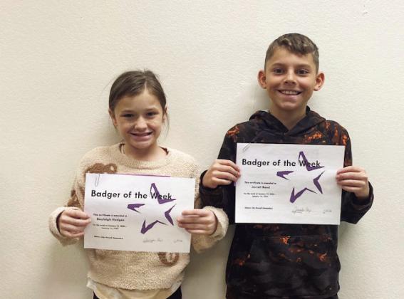 The Elmore City-Pernell Elementary School Badgers of the Week for Jan. 12 are Bayleigh Hodges and Jarrett Reed. Hodges is in Ms. Huebner's class, and Reed is in Mrs. Foster's class. Courtesy photo