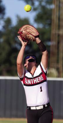 Daylee O’Bryant camps out under a fly ball during the Lady Panthers 12-5 win over Varnum Tuesday. News Star photo by Mike Arie