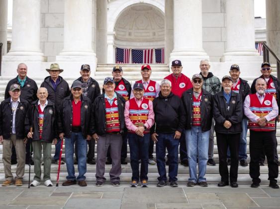 Chickasaw veterans recently visited several war memorials and other sites in Washington, D.C., as part of the Chickasaw Elder Veterans Trip. Back row, from left: Donald Harris, Delmer Brewer, Robert Lair, Gary Tomshack, David Keel, Jim Seawright, Michael Slater, Kenneth Horton and Bobbie Johnson. Front row, from left: Robert Cobb, Allen Keenan, Stewart Johnson Sr., Billy Jordan, George DeGraff Jr., Samuel Crow, Kenneth Harrington, Richard Burkett and Lonnie Lawson. Courtesy photo