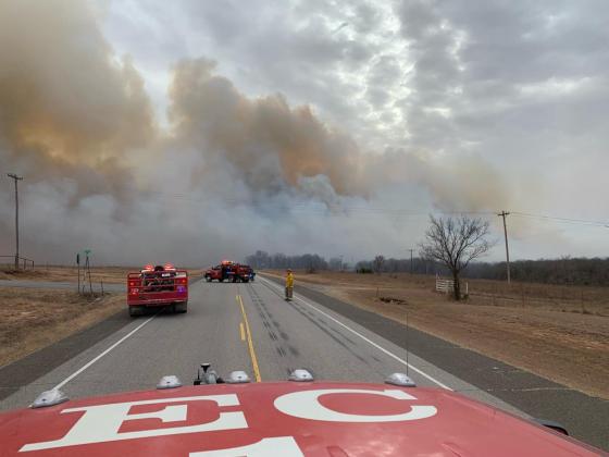 Fire departments from across the region battled an 850-acre grass fire near Pernell last Friday. Photo courtesy of Elmore City Fire Dept.