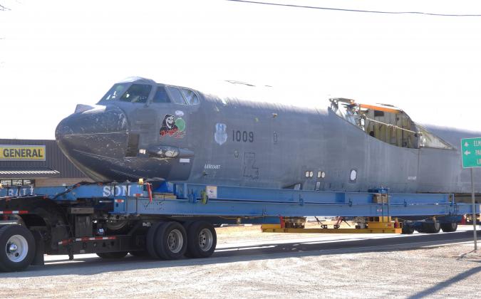The fuselage of a B-52H bomber passed through Maysville Friday morning on its way to a Boeing facility in Oklahoma City. Photo by Chris Mackey.