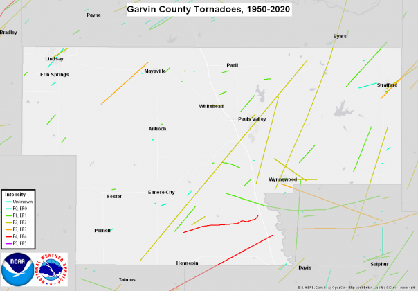 This map shows the path and strength of tornados recorded in Garvin County over the last 70 years. Courtesy of the National Weather Service.