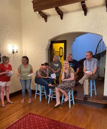 Cast members rehearsing for the upcoming dinner-theater play "Death and Taxes" to be presented at the Judge's Inn in Pauls Valley June 17-19.