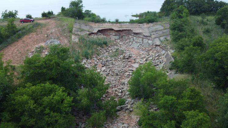 The damage to the spillway at the Pauls Valley City Lake can be seen in this photo taken in early July. Courtesy photo