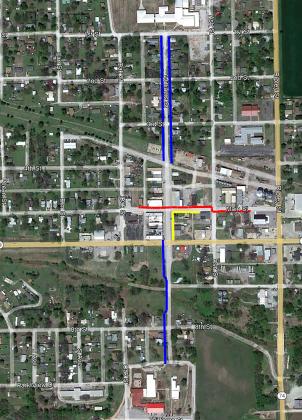 The blue lines show where sidewalks would be repaired or replaced along Williams Street in Maysville as part of a proposed project to improve foot traffic areas between the elementary and high school. 