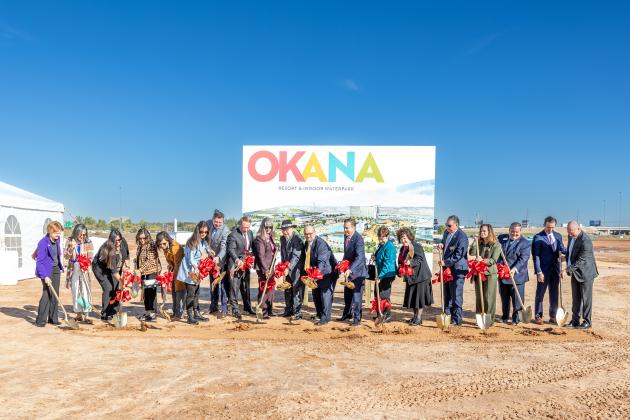 Chickasaw Nation Governor Bill Anoatubby, center with hat, leads Oct. 31 groundbreaking ceremonies for OKANA Resort & Indoor Waterpark, a major resort-style development adjacent to the First Americans Museum, Oklahoma City. The resort will be a $400 million tourist destination designed to continue the momentum of economic development in Oklahoma City.