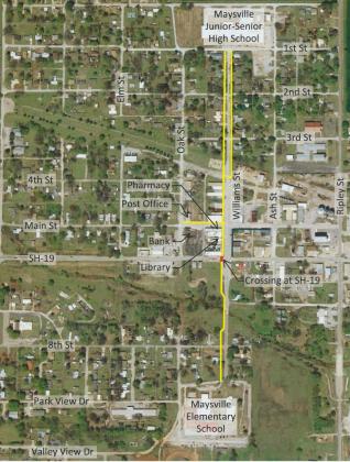 The yellow lines show where new ADA compliant sidewalks could be installed if the town of Maysville is awarded a Transportation Alternatives Program grant through the Oklahoma Department of Transportation. The Maysville Board of Trustees approved a resolution to apply for the grant during their regular meeting Nov. 21.