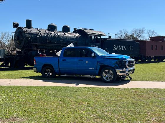 A driver crashed his pickup through the fencing of the Santa Fe Depot Park in Pauls Valley Thursday morning, coming to rest in the park. News Star photo by Suzanne Mackey