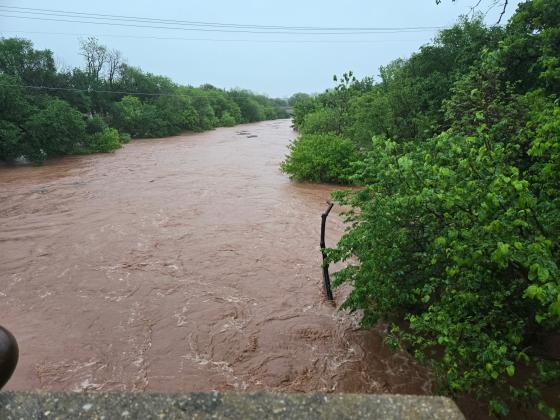 Rush Creek in Pauls Valley was also nearing the top if its banks Wednesday morning following record rainfall in the area over the last two weeks.