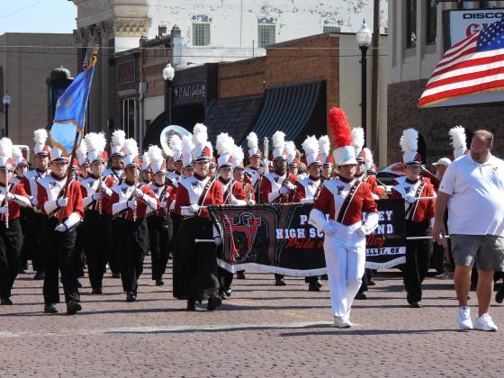 As host of the 16th Annual Pauls Valley Marching Band Championships, the Pride of the Valley participated in Saturday morning's marching band competition as an exhibition band.  News Star photo by Chris Mackey