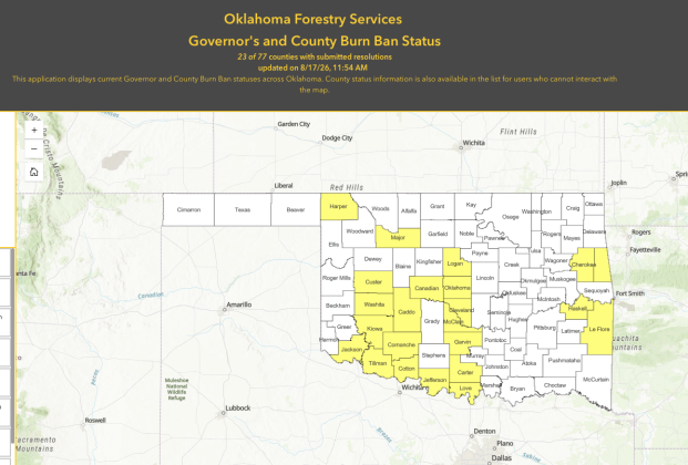 Screen shot of Oklahoma Forestry Services burn ban map as of noon Monday, Aug. 17.