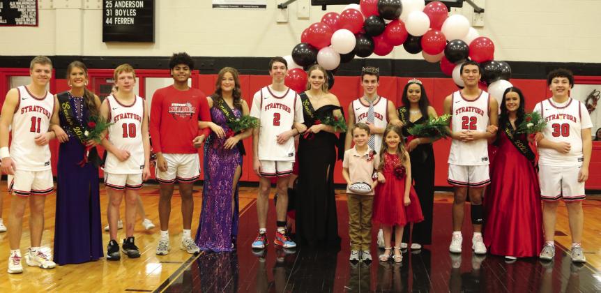 Homecoming Court (l-r) Nolan Hall, Kourtney Willingham, Jaden Alberson, Sean Harian, Jadyn Oldham, Axel McKinney, Hunter Morton, Shawnda McMillen, Wanbli White Hat, Lundyn Anderson and George Aguinaga, with crown bearer, Knox Gerst, and flower girl, Hattie Hallmark.