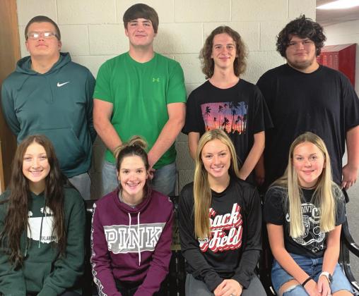 2021 Maysville High School Football Homecoming Queen Candidates and Escorts: front, from left: Reese RedElk, junior; Jasmine McGregor, sophomore; Abby McHugh, senior; and Kensley Caldwell, freshman. Back row: Gabe Resendiz, Benson Larson, Cody Herbert, and Dylan Farley, all MHS seniors. News Star Photo by Chris Mackey