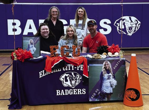 Elmore City-Pernell senior Austynn Duley recently signed a letter of intent to join East Central University’s Cheer team in the fall. Pictured left to right are Natalie Duley, ECU Coach Janesa Miller, Austynn Duley, ECP Coach Kristal Patterson and Chris Duley. Courtesy photo