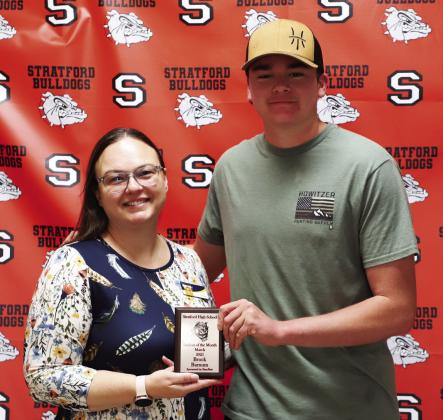 Brock Barnum was recently named March Student of the Month at Stratford High School. Barnum is the son of Mitchell and Jessica Barnum. His award was presented by Tonya Dial with BancFirst, a sponsor of the Student of the Month program. Courtesy photo