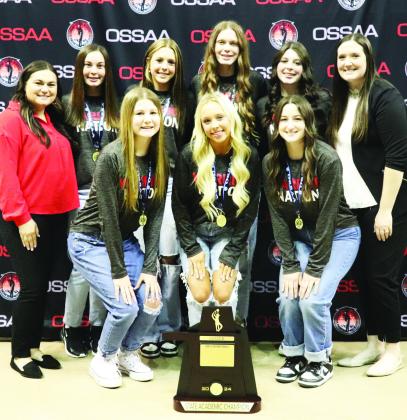 The Maysville High School girls basketball team was recently recognized as OSSAA Class B Academic State Basketball Champions. The team had a combined GPA of 3.97. Back row, from left are Assistant Coach Maggie Shannon, Allison Sanders, Avery Riley, Kelsey House, Jolie Summers and Head Coach Jordan Mejia. Front row, from left, are Claire Mann, Allison Riley and Jaci McGowen. Photo courtesy of Krysti Kesler.