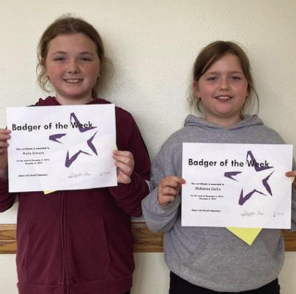 Elmore City-Pernell Elementary Badgers of the Week for Dec. 4-8 are Katie Simons (left) and McKenna Dellin. Both young ladies are in Mrs. Foster’s class. Photo courtesy of Jennifer Earp