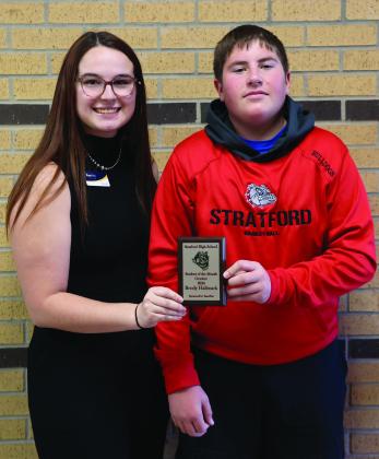Brody Hallmark was recently named October Student of the Month at Stratford High School. Hallmark is the son of Whytne and Kyle Hallmark. His award was presented by Hannah Vanschuyver of BancFirst, a sponsor of the Student of the Month program. Courtesy photo