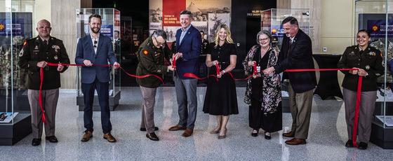 (Left to Right) Jay Fox, Hensel Phelps Construction; Maj. Gen. Thomas H. Mancino, adjutant general for Oklahoma, Mayor David Holt, mayor of Oklahoma City, Mrs. Cindy Lankford, representing Senator James Lankford; Dr. Denise Neil, Oklahoma National Guard Museum executive director, join in the ribbon cutting for the Oklahoma National Guard Museum in Oklahoma City, June 11, 2026. (Oklahoma National Guard photo by Anthony Jones)
