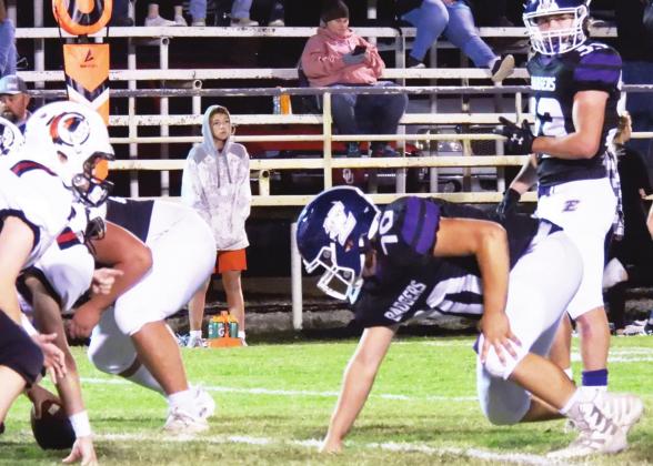 The Badgers' defensive lineman Brysen Arrington waits for the snap of the ball against Rush Springs. Photo by Chris Mackey