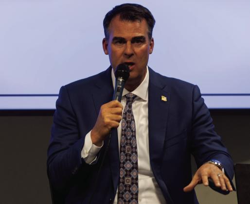 Gov. Kevin Stitt speaks at a Better Conversations Session on Aug. 14, 2024, at the Oklahoma National Memorial. (Jake Ramsey/Oklahoma Watch)
