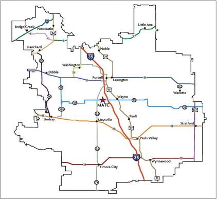 The Mid-America Technology Center District serves 18 school districts and includes Garvin and McClain counties, as well as parts of Cleveland, Grady, Murray, Pontotoc, Pottawatomie and Stephens counties.