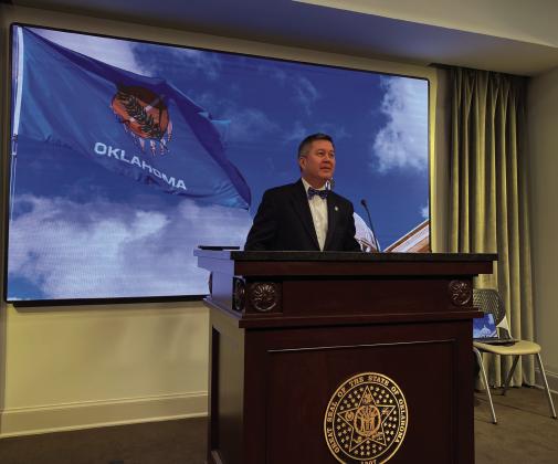 Oklahoma Rep. Andy Fugate, D-Del City, discusses a lawsuit he filed against Oklahoma Gov. Kevin Stitt over a return-to-work executive order for state employees at a press conference at the Capitol in Oklahoma City on Friday, Feb. 21, 2025. Paul Monies/Oklahoma Watch