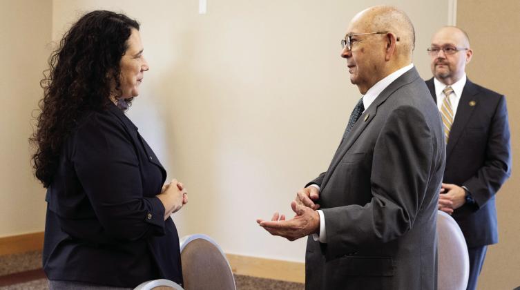 Chickasaw Nation Governor Bill Anoatubby visits with U.S. Small Business Administration (SBA) Administrator Isabel Casillas Guzman during her visit to the Chickasaw Nation. Lt. Governor Chris Anoatubby is also pictured. Courtesy photo