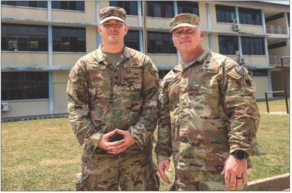 Spc. Hannibal Hines (left), a mechanic with Delta Company, 700th Brigade Support Battalion, 45th IBCT, and Kent Turner (right), executive officer for 1st Squadron, 180th Cavalry Regiment, 45th Infantry Brigade Combat Team are both from Lindsay. They have taken on distinct roles for Exercise Pahlawan Warrior 26, a bilateral training event with the Royal Brunei Land Force designed to strengthen international partnerships and master brutal jungle warfare environments. Courtesy photo