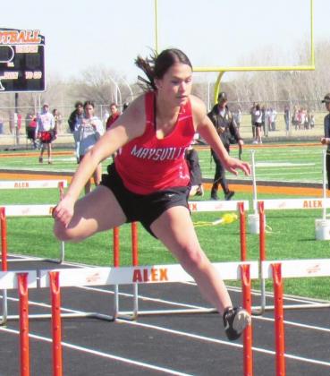 Maysville senior Caitlin Ward runs to a third place finish in both the 100- and 300-meter hurdles at the Alex track meet last week. Courtesy Photo