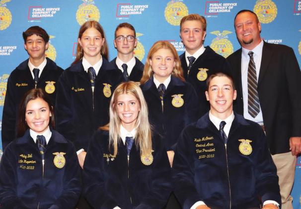 Paoli High School FFA officers, back row, from left: Gage Walker - Secretary; Gracie Newton - Reporter; Kaden Dethrage - Treasurer; Rosie Terkowski - Vice -President; Skylar Weatherford - Sentinel; and Ty LaRue - Advisor. Front row: Abby Bell of Bristow - State FFA Reporter; Katy Price - Paoli FFA President; and Kade McGowen of Maysville - Central Area Vice President. Courtesy photo