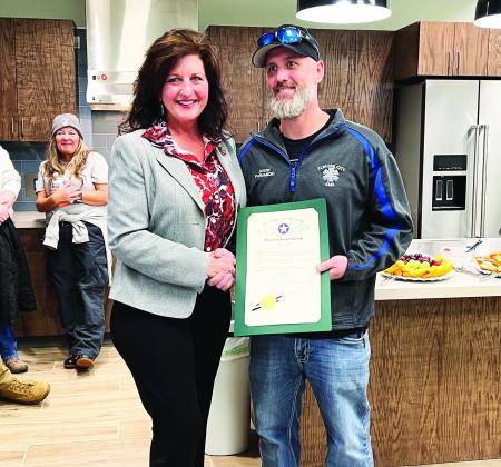 Representative Tammy Townley presents Elmore City EMS Director Jason Cook with a Citation of Congratulations during a Jan. 29 open house to celebrate the completion of the new Elmore City EMS Station.