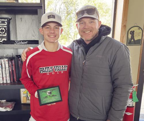 The Pauls Valley Municipal Golf Course proudly congratulates the 2022 Men's Club Champion, Karston Rennie. Karston braved the cold November weather with a two-day, 36-hole combined score of 155. Karston is pictured with his father, Nick, who was the 1999 and 2001 PVMGC Men's Club Champion. Karston's great-great-grandfather, Fred, was the 1956, 1960 and 1963 PVMGC Men's Club Champion. Photo courtesy of Shelly Woodall