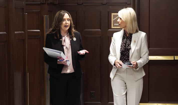 State Auditor Cindy Byrd leaves a press conference with Republican Auditor nominee Melissa Capps on Aug. 24. Brent Fuchs/Oklahoma Watch