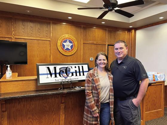 Pauls Valley Police Chief Mitch McGill with his wife, Jill, at a retirement party in his honor at the PVPD Monday.