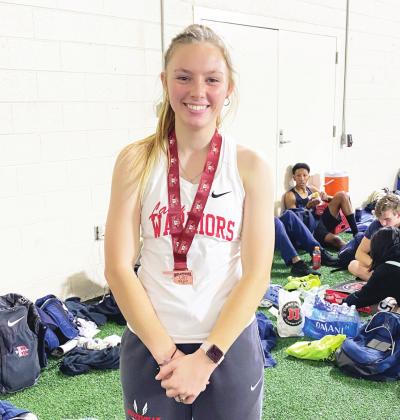 Maysville’s Abby McHugh placed fifth in the 60-meter hurdles at an indoor track meet at the University of Oklahoma’s Mosier Indoor Facility Feb. 19. Her performance earned her a top 10 ranking in the state for the 60-meter hurdle event. Courtesy photo
