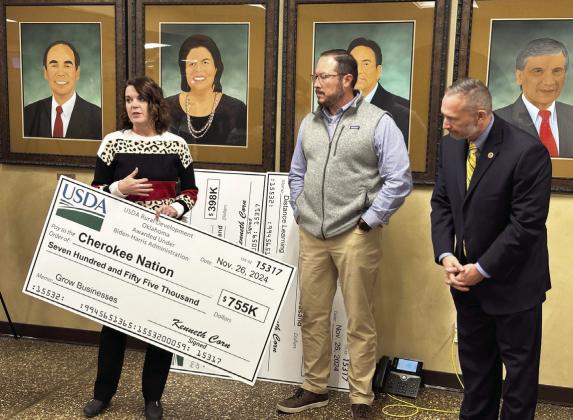 Left to right: USDA Rural Development Business and Cooperative Programs Director Amy Cowley, Deputy Principal Chief of the Cherokee Nation Bryan Warner, and State Director USDA Rural Development Kenneth Corn at a Rural Business Development Grant presentation for the Cherokee Nation that will assist with entrepreneurs in the Tahlequah area. Courtesy photo