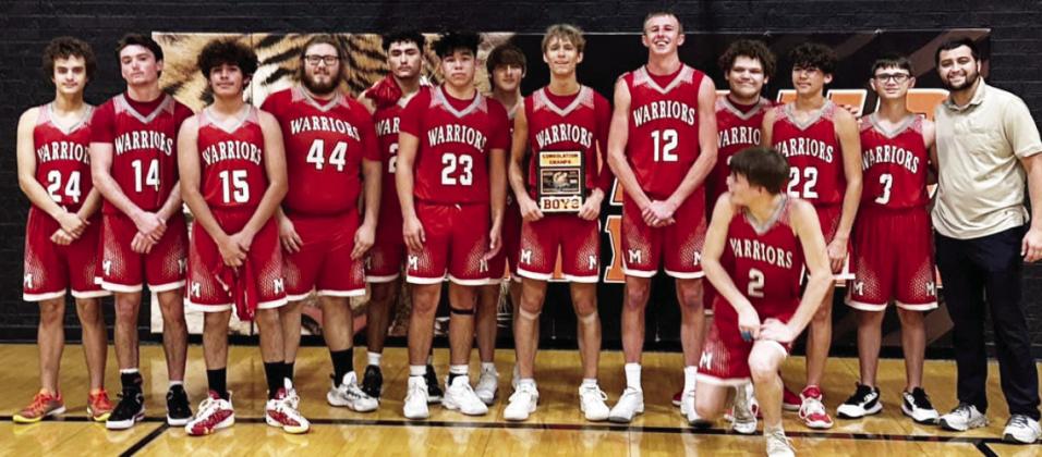 The Maysville Warriors were the Consolation Champs at the Maud Tournament over the weekend. The Warriors stumbled in the first round losing to Graham-Dustin in overtime 56-54. In the second round the Warriors rebounded for a 64-44 win over Paoli, before moving on to become the consolation game champs, defeating Corn Bible Academy 57-44. Photo courtesy of Macey Arnold