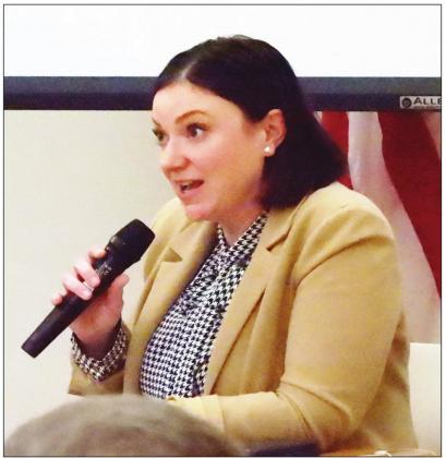 Adria Berry, executive director of the Oklahoma Medical Marijuana Authority, speaking to local residents during a Marijuana Town Hall hosted by Rep. Cindy Roe in Pauls Valley on Dec. 16.